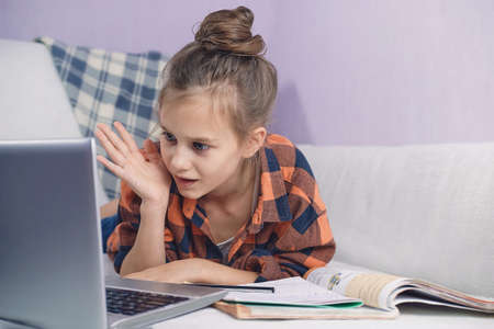 Schoolgirl communicates online with the teacher while at homeの写真素材