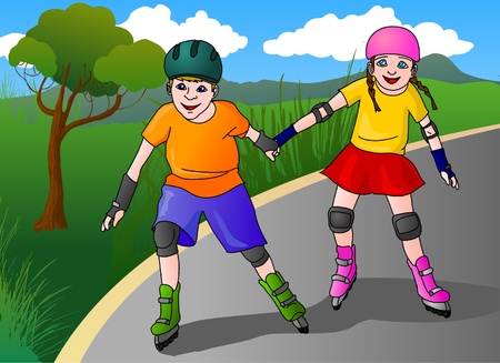 Girl and boy inline skateing in a parkのイラスト素材