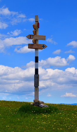 Road signs on the mountainの写真素材