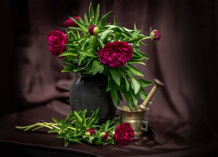 Still life with peony and brass mortarの写真素材
