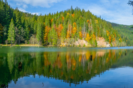 Red Lake in autumn, natural dam lake, Romaniaの写真素材
