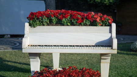 A unique grand piano made of marble stone front viewの写真素材