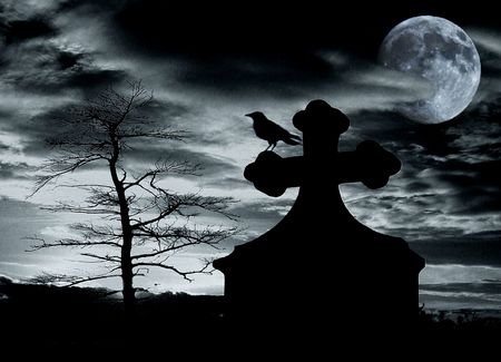                                Halloween scene with crow on tomb and full moon - noise added for...