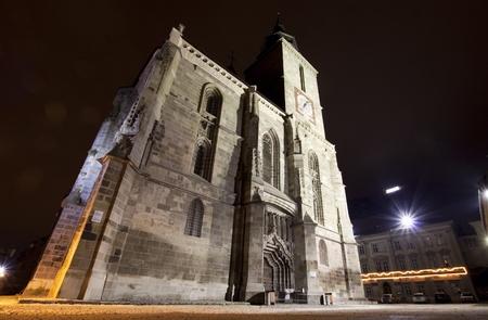 Night shot of the Black Church in Brasov, Romania の写真素材