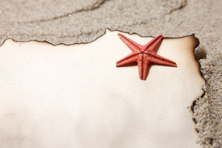 Old paper tag on natural sand with starfish の写真素材