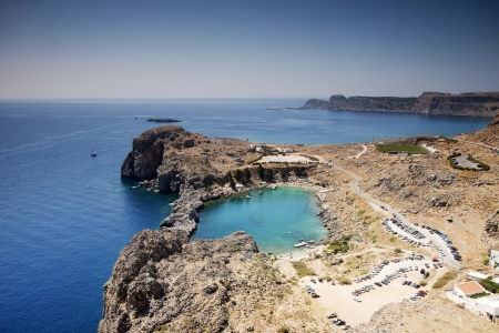 Looking down onto St Paul s Bay at Lindos on the Island of Rhodes Greece の写真素材