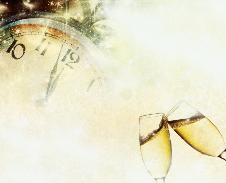 Vintage background with champagne glasses and clockの写真素材