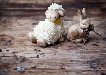 Easter decoration with cute lamb and eggsの写真素材