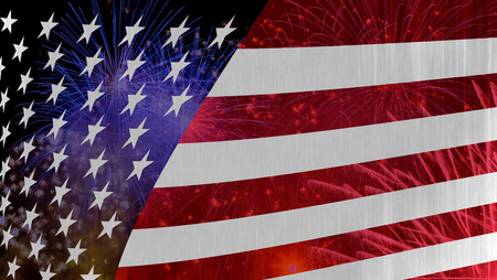 Celebrating Independence Day. United States of America USA flag with fireworks background for 4th of...
