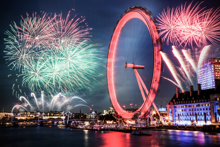 Fireworks on the riverside - celebration of the New Year in London, UK