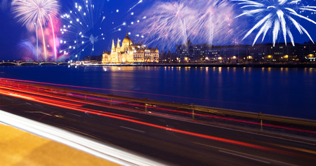 New Year in the city - Budapest Parliament with fireworksの写真素材