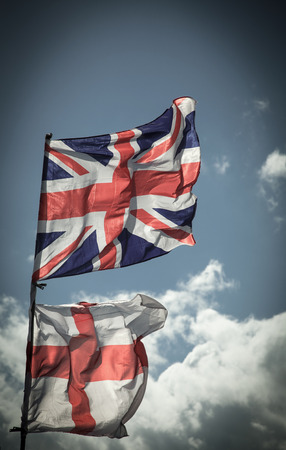 Closeup of Union Jack flag. UK Flag. British Union Jack flag blowing in the wind.の写真素材