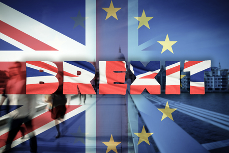 flags of UK and EU combined over icons of London - Brexit conceptの写真素材