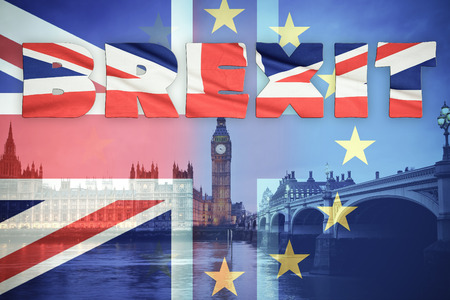 flags of UK and EU combined over icons of London - Brexit conceptの写真素材