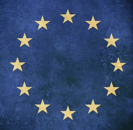 flags of UK and EU combined over icons of London - Brexit conceptの写真素材