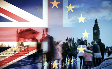 flags of UK and EU combined over icons of London - Brexit conceptの写真素材