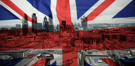 flags of UK and EU combined over icons of London - Brexit concept