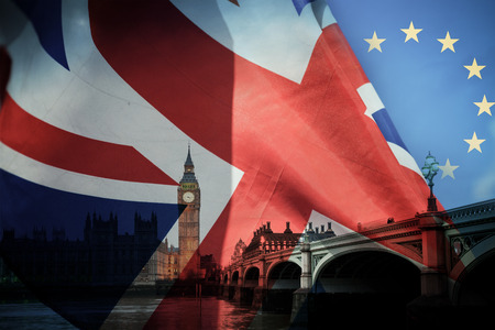 flags of UK and EU combined over icons of London - Brexit concept