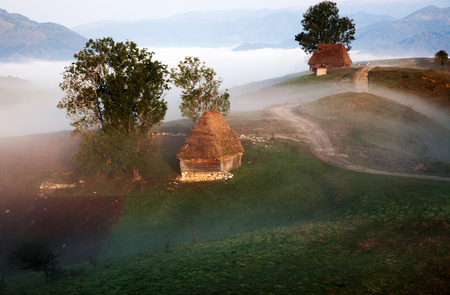 misty spring morning in Apuseni mountains - rural landscape with small cottageの写真素材