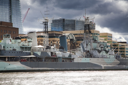 LONDON/UK - MAY 20 : The HMS Belfast moored on the River Thames in Londonのeditorial素材