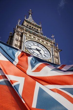 union jack flag and big ben in the background, London, UK - general elections, London, UKの写真素材