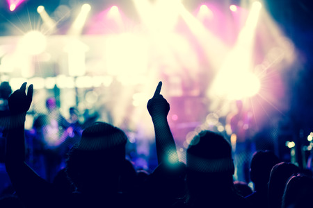 crowd with raised hands at concert - summer music festival
