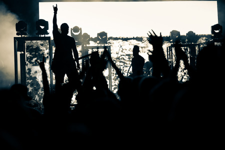 crowd with raised hands at concert - summer music festival