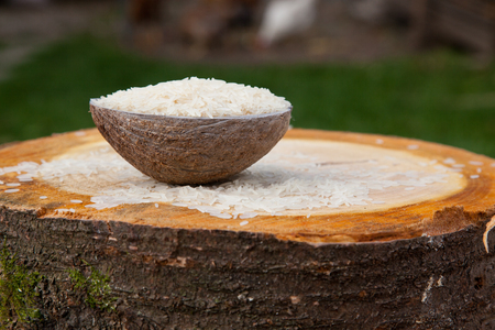 rice bowl on wooden tableの写真素材