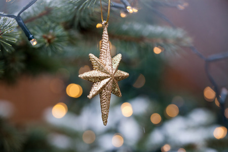 golden christmas ornament on fir treeの写真素材
