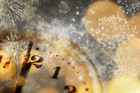 old clock at twelve o'cklock on holiday fireworks background - New Year'sの写真素材