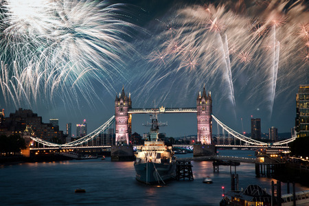 tower bridge with fireworks, celebration of the New Year in London, UK
