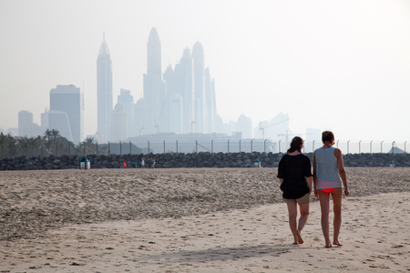 DUBAI, UAE - FEBRUARY 2018: A view of Dubai skyscrapers  from black palace public beach.のeditorial素材