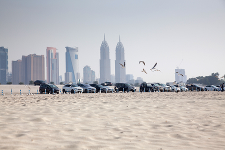 DUBAI, UAE - FEBRUARY 2018: A view of Dubai skyscrapers  from black palace public beach.のeditorial素材