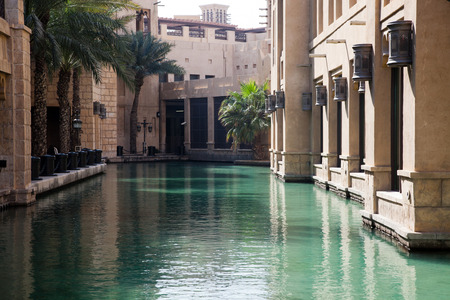 DUBAI, UAE - FEBRUARY 2018: View of the Souk Madinat Jumeirah. Madinat Jumeirah encompasses two hotels and clusters of 29 traditional Arabic housesのeditorial素材