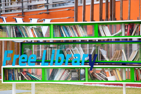 VIENNA, AUSTRIA - JANUARY 15, 2018: Free library outside of Vienna University of Economics and Business (Wirtschaftsuniversitat Wien) is the largest Business University in Europe.のeditorial素材