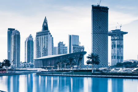 DUBAI, UAE - FEBRUARY 2018: Skyscrapers skyline of Old Town Island around the Burj Khalifa Lake near the Dubai Mall in Dubai Downtownのeditorial素材