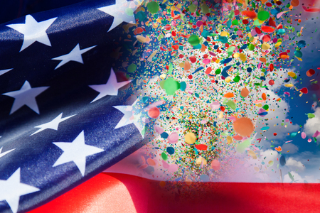 confetti falling during a festival or carnival in the cityの写真素材