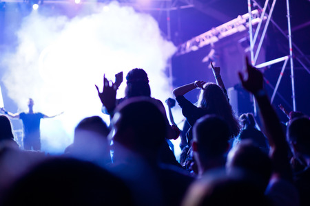 cheering crowd with raised hands at concert - music festival