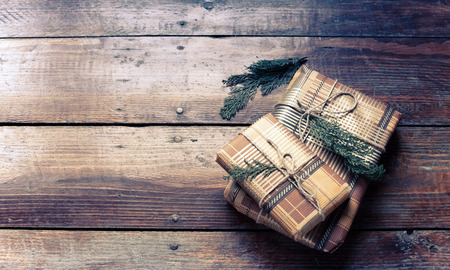 christmas gifts on wooden tableの写真素材