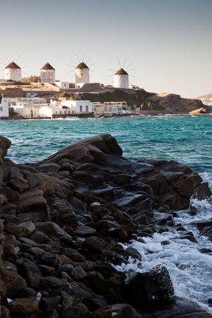 famous view  Traditional windmills on the island Mykonos, Greeceの写真素材