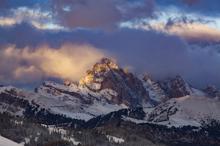 snowy early winter landscape in Alpe di Siusi.  Dolomites,  Italy - winter holidays destinationの写真素材