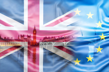 brexit concept - double exposure of UK landmarks and flagの写真素材