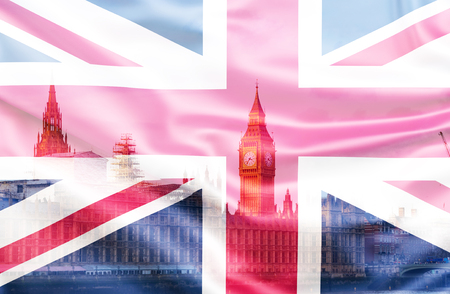 brexit concept - double exposure of UK landmarks and flagの写真素材