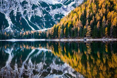 lago di Braies in Dolomites mountains, Sudtirol, Italyの写真素材