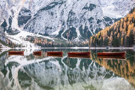 lago di Braies in Dolomites mountains, Sudtirol, Italyの写真素材