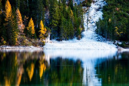 lago di Braies in Dolomites mountains, Sudtirol, Italyの写真素材