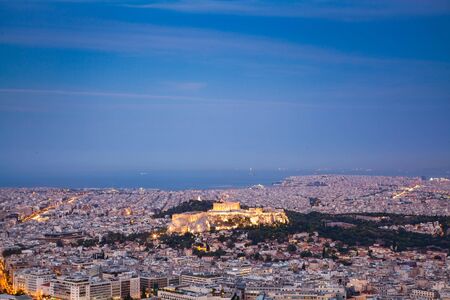 cityscape of Athens in early morning with the Acropolis seen from Lycabettus Hill, the highest point in the cityの写真素材