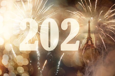 2021 with Eiffel tower New Year background and fireworksの写真素材