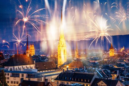 new year fireworks in zurich switzerlandの写真素材