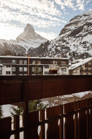 view of Matterhorn through hotel window in Zermattの写真素材